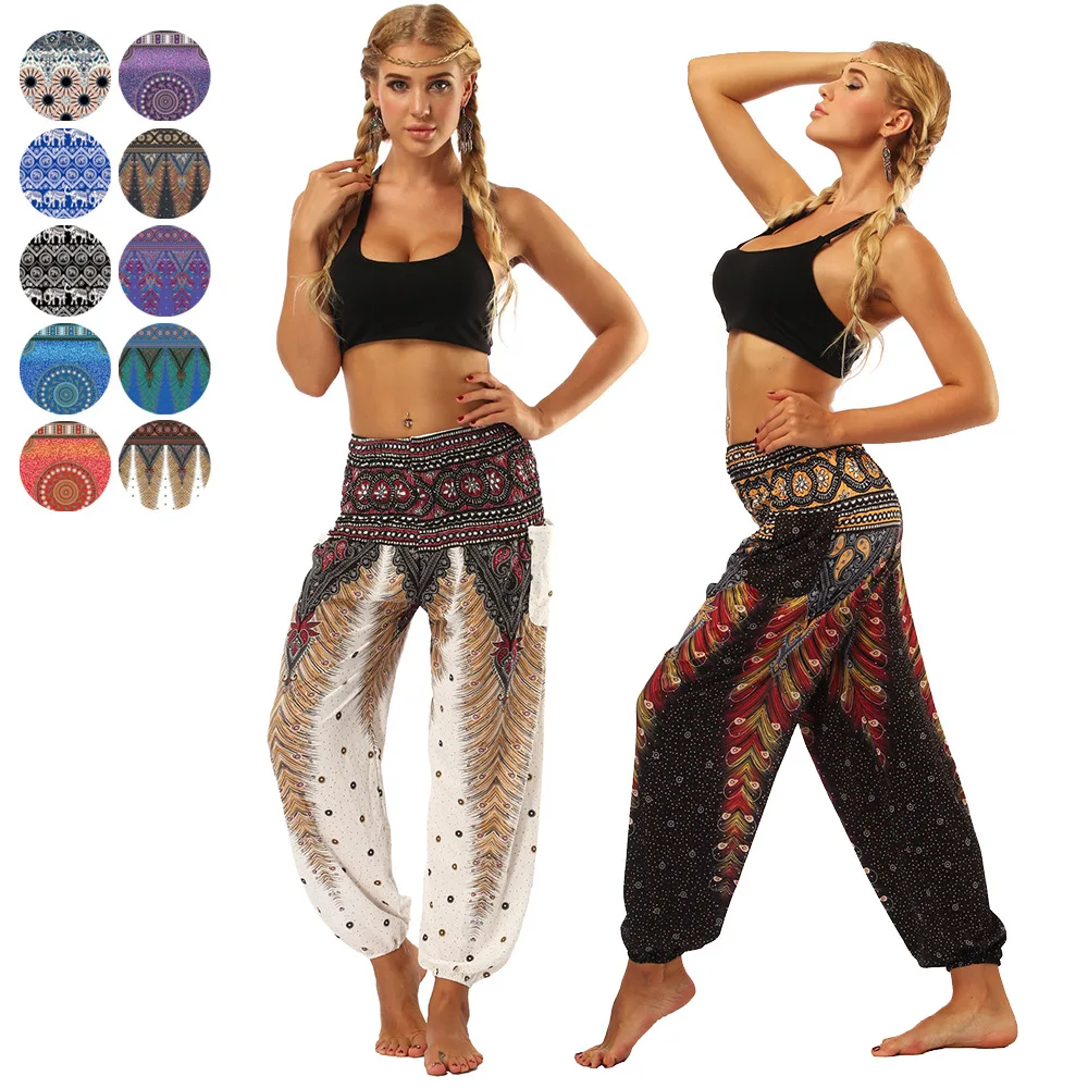 Women\'s Harem Pants Smocked High Bohemian Waist Pockets Indian Yoga Pants Loose Boho Hippie Pants