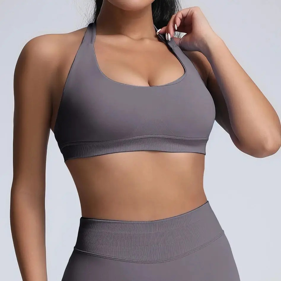 No Logo Women Seamless Halter Sports Bra High Support Push-up Open Back activewear Gym Tank Top Fitness Yoga Workout Brassiere