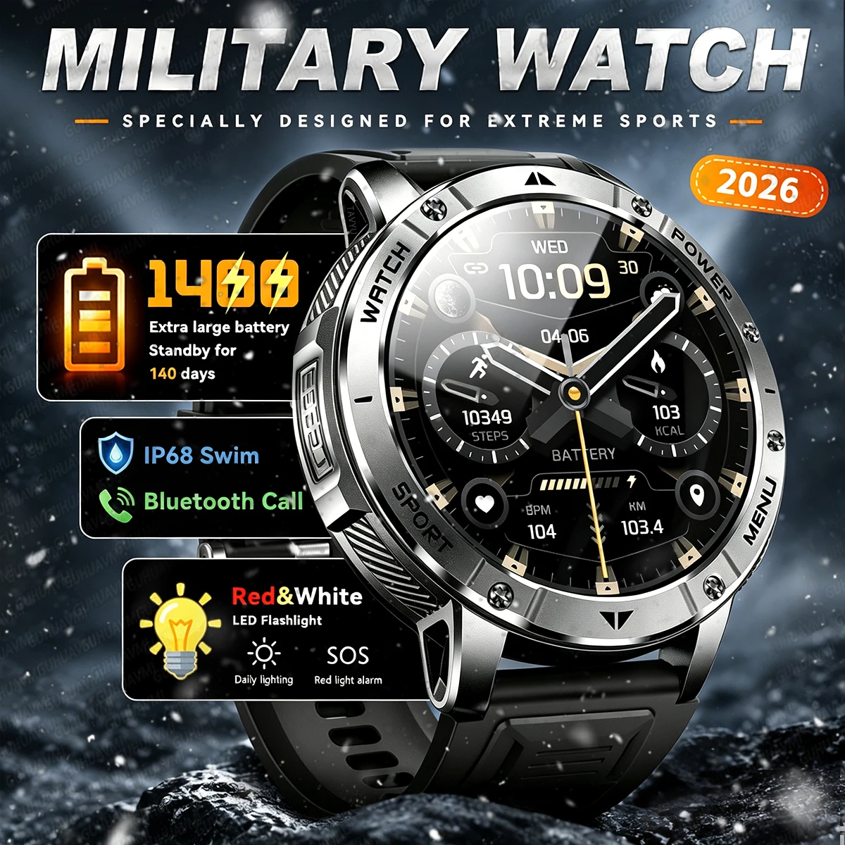 

2026New Military Bluetooth call Smartwatch Men 1.7 inches Sapphire glass 1400mAh Battery 5ATM Waterproof Flashlight Sports Watch