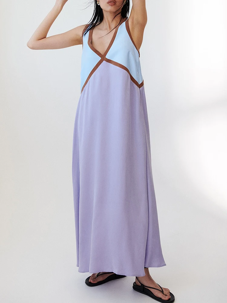 فستان أنيق للسيدات بخصر عالٍ على شكل حرف a موضة اللون منعت على شكل حرف v بدون ظهر فستان صيفي جديد جديد بدون أكمام فستان فضفاض