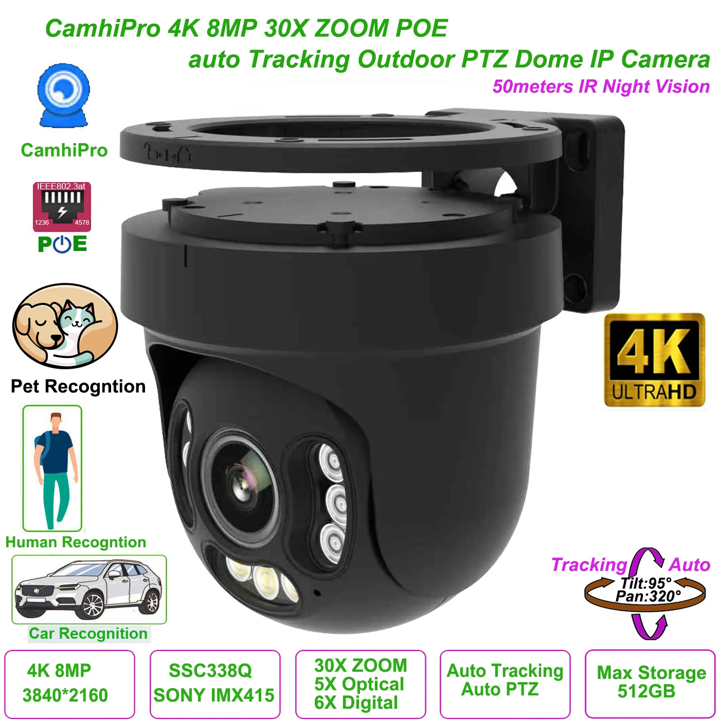 Camhipro 30X ZOOM 4K 8MP Wifi POE Auto Tracking IP Camera PTZ Speed Dome IP Camera Outdoor ONVIF SD Card P2P Hikvision