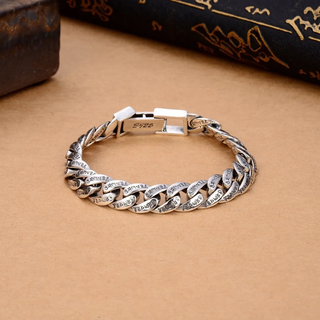 S925 sterling silver retro thai silver trendy punk style domineering men and women stylishfashion six-character mantra bracelet