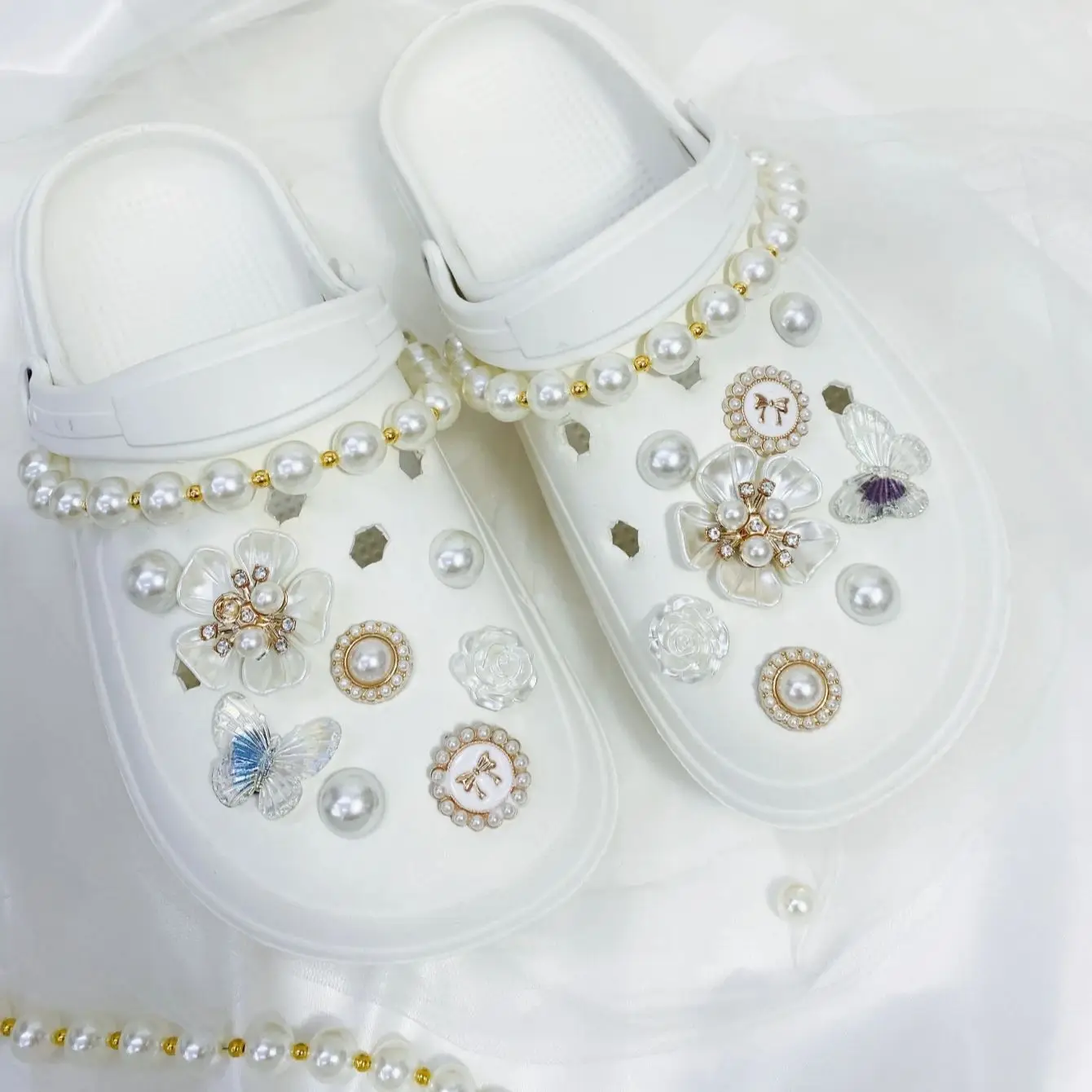 20pcs Removable Vintage Diy Faux Pearl Flower Garden Shoe Buckle & Chain Decoration For Holey Shoes