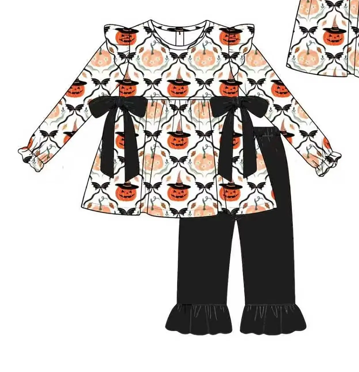 New Girls Witch Pumpkin Ghost Print Outfit Flutter Sleeve Bow Tunic Dress Ruffle Pants Toddler Kids Fall Halloween Set