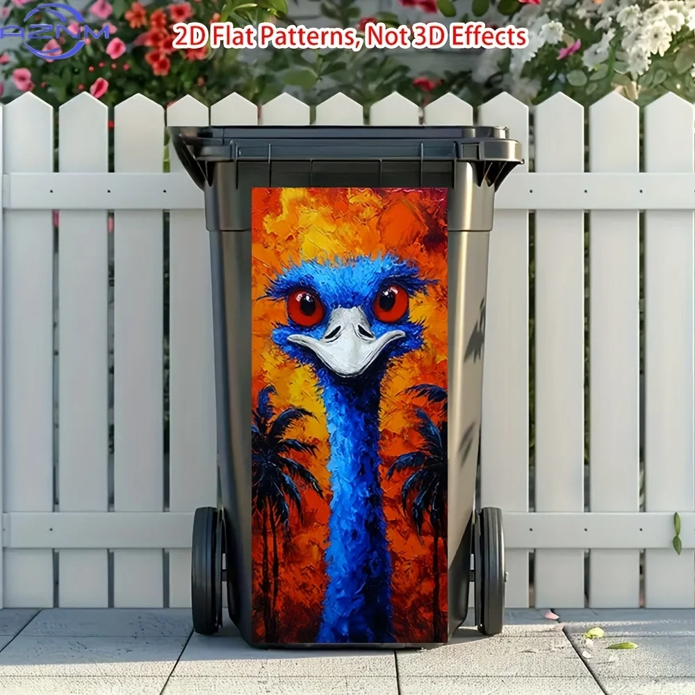 Vibrant Fiery Blue Ostrich Print Wheelie Bin Sticker - Self-Adhesive, Easy Peel & Stick Glossy Finish for Trash Can, Fridge, a