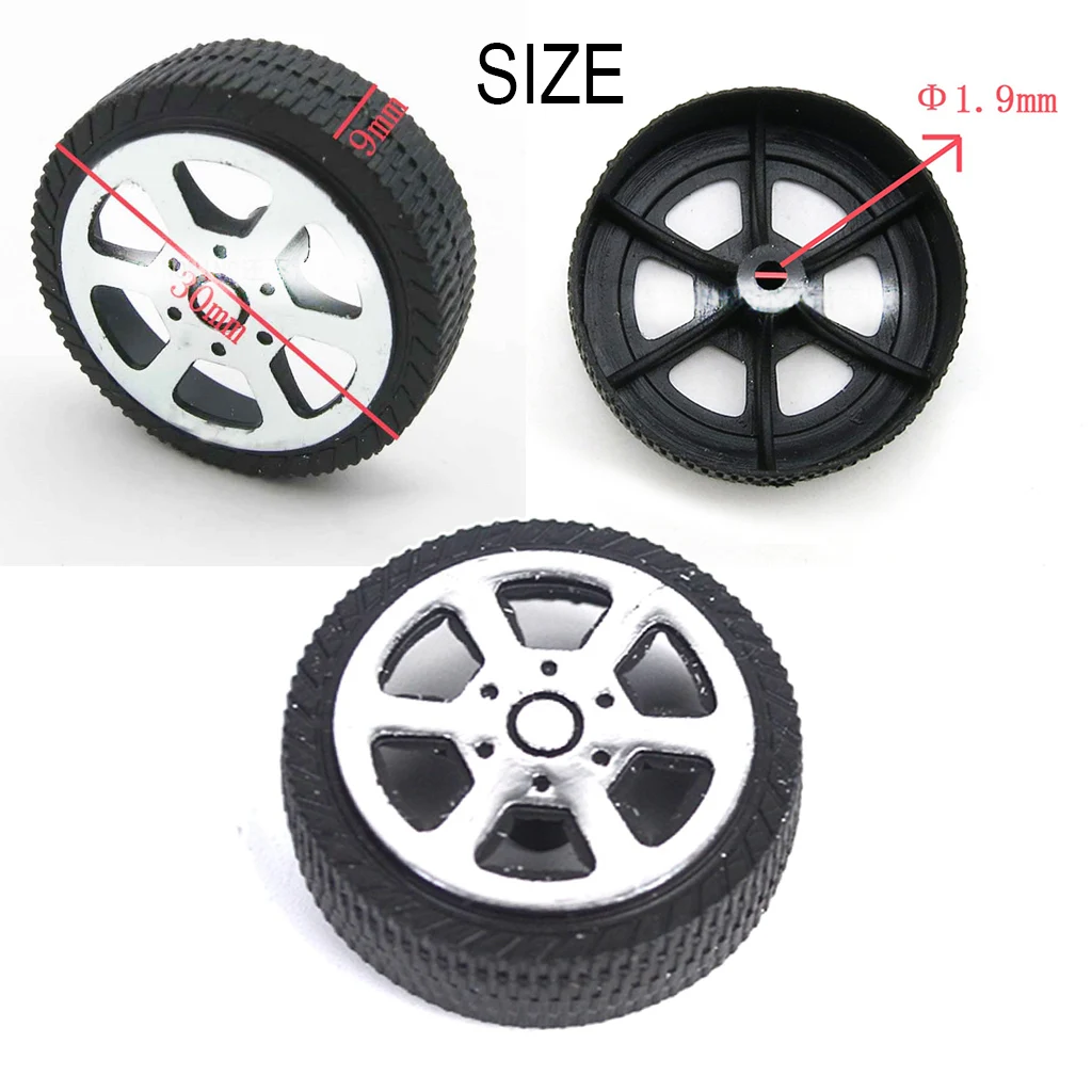 10Pcs Plastic Wheel Rims & Tire Tyres, Build Parts for Model Car Toys, Science Project Robot Making (30mm x 1.9mm shaft)