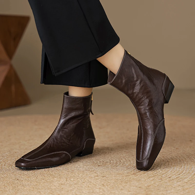 

Genuine Leather Super Soft Sheepskin Back Zipper Casual Ankle Boots Square Toe Low Heel Versatile for Women