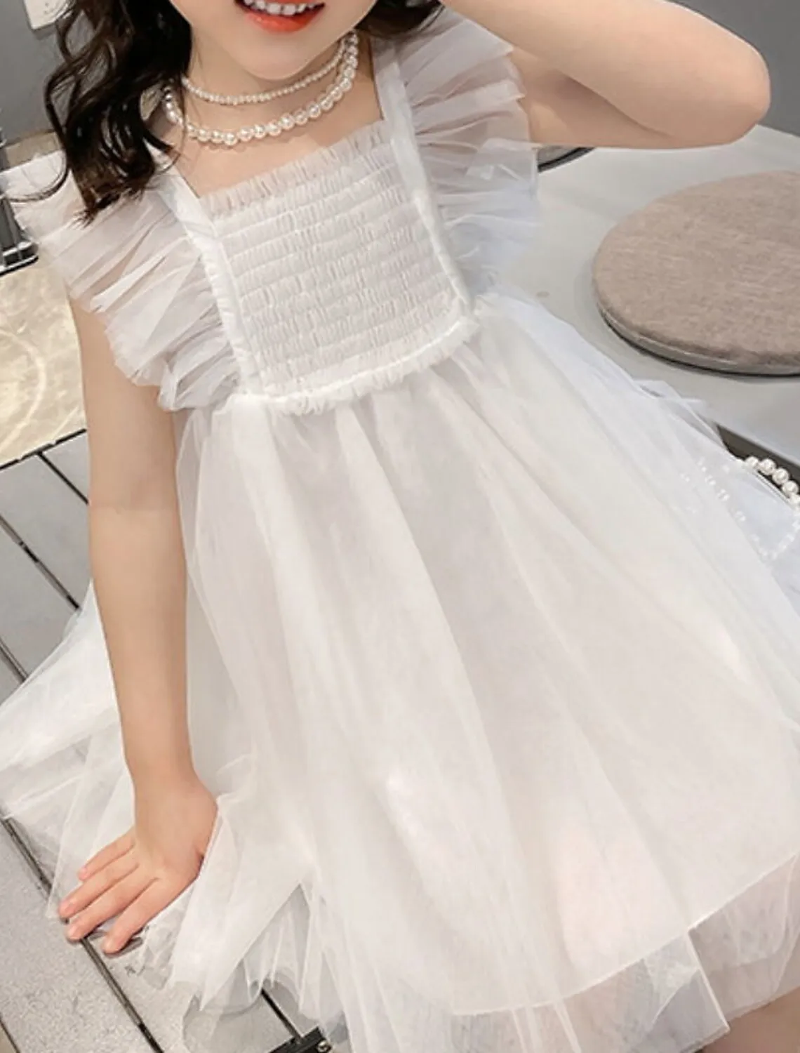 2022 Kids Little Sweet Flower Girls' Dress Solid Colored A Line Party Performance Mesh White Asymmetrical Short Sleeve Princess