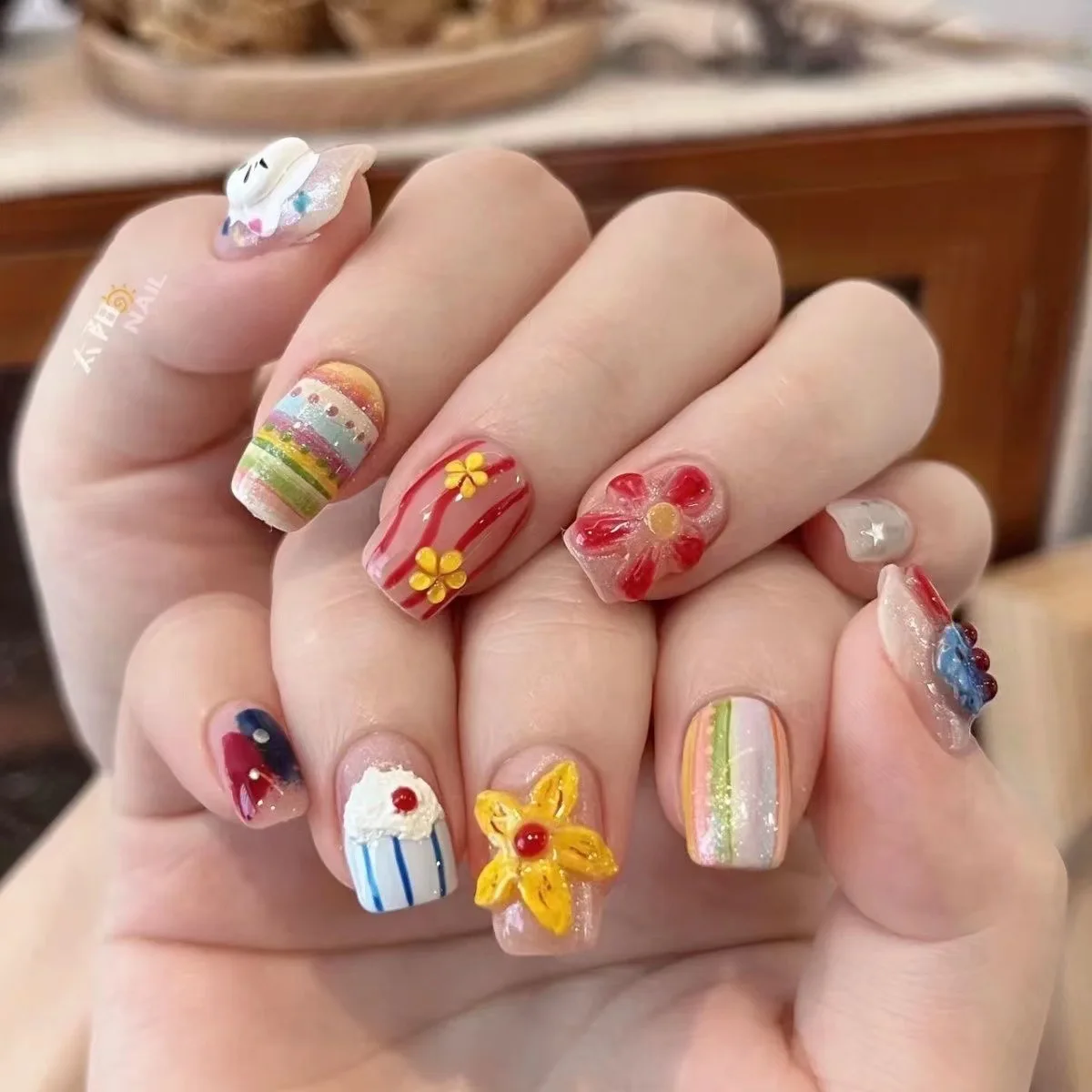 Summer Dopamine Press On Nails Handmade Flower Cakes and Mushroom Short Fake Nail Patches Removable and Reusable