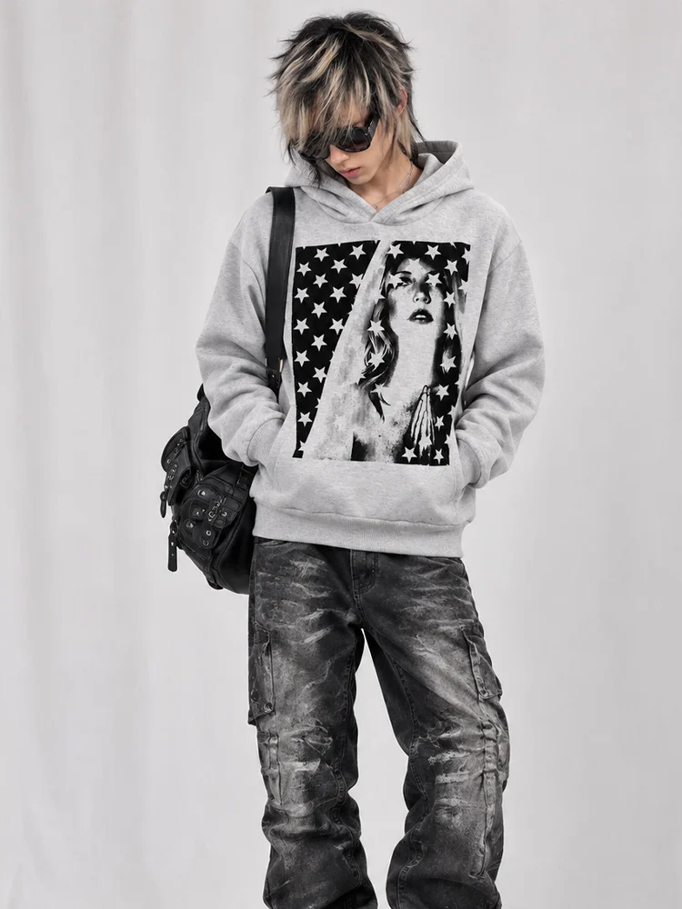 Unisex Gray Star Portrait Graphic Hoodie Loose Fit Pullover Sweatshirt Long Sleeve Y2K Alternative Grunge Streetwear Casual