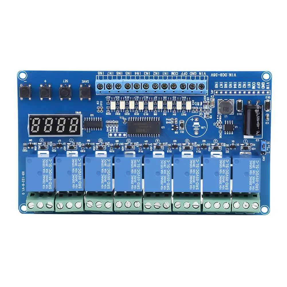 

8-Channel Multifunction Time Delay Relay Module 8-36V with Optocoupler & LED Latching for Smart Automation