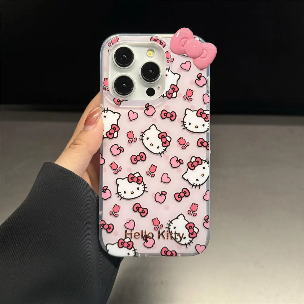 Sanrio Hello Kitty Full Screen KT Bow Love Phone Case For iPhone 16 15 14 13 12 11 Pro Max XR XS MAX 7 8Plus Y2K Pink Girl Cover