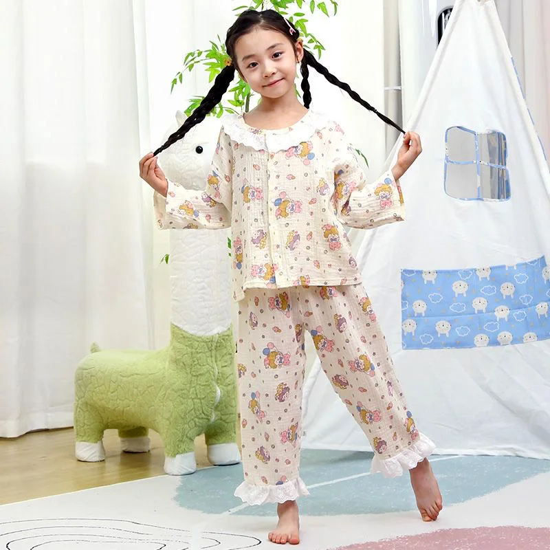 Girls pyjamas Clothes Children\'s Muslin Cotton Homewear Set Baby Lace Outfit Suit Shirt Tops+Pants 2PC 0-10 Years