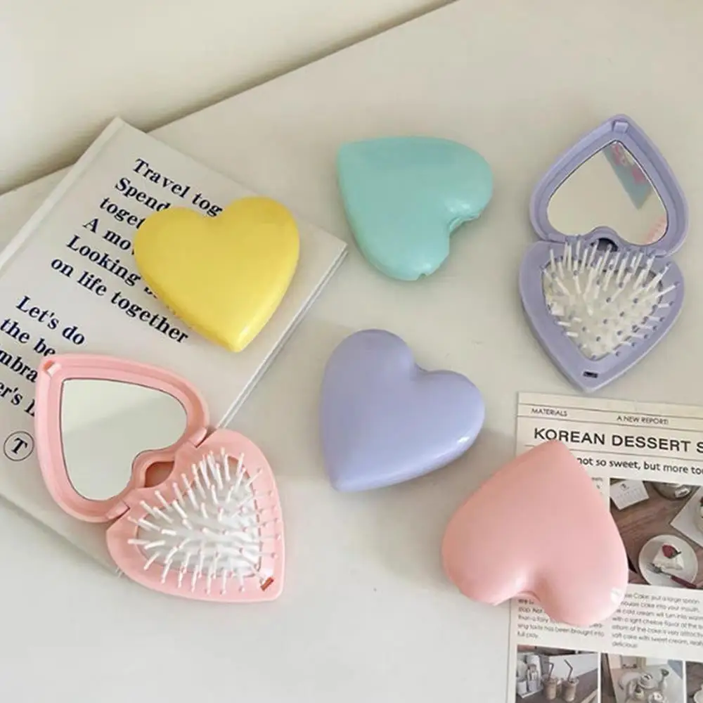 1pc Heart-shaped Hair Brushes Mini Lovely Hair Combs With Mirror For Girls Student Portable Massage Comb Hair Rope Styling Tools