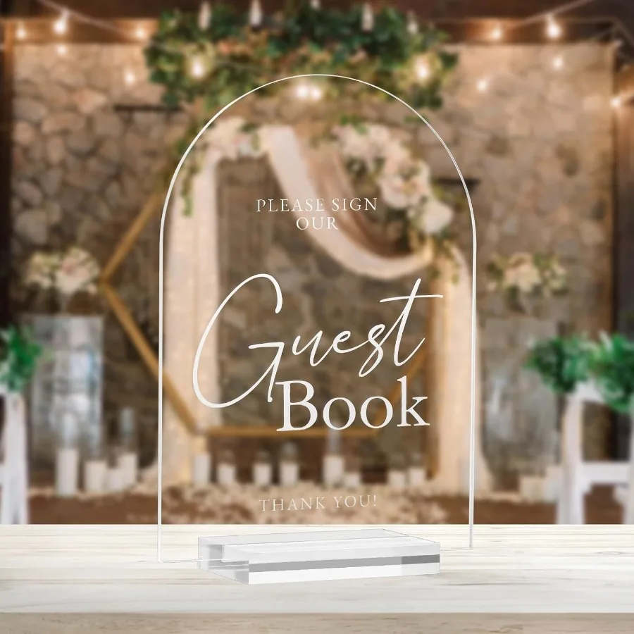 علامة كتاب الضيوف على شكل قوس أكريليك 5 × 7 Ih بطاقات زفاف شفافة 1 8 خط حديث سميك وحامل حروف بيضاء مقوسة من الأكريليك C