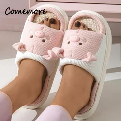 2024 New Pink 3.5cm Fashion Soft Ladies Casual Cute Piggy Pattern Design Comfortable Female Linen Home Slippers