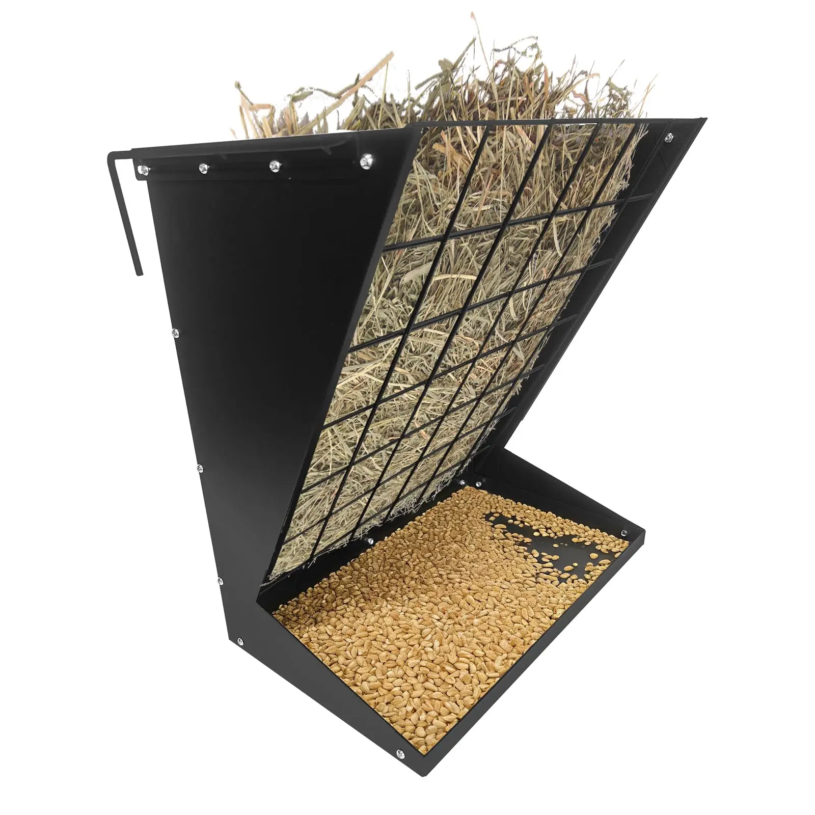 

Сверхмощная стойка для сена и зерна 2-в-1 из оцинкованной стали для коз, овец, лошадей, скота — настенное крепление, регулируемое расстояние