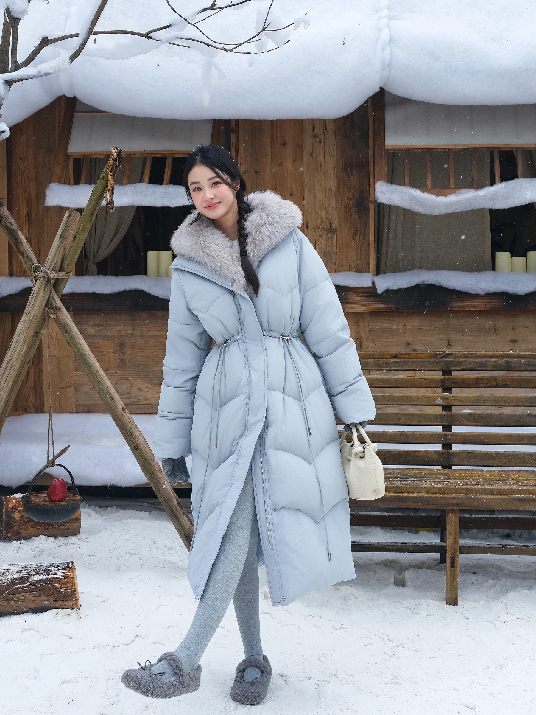 

LAZYZ Women's Long down Jaet Fur Collar Dstring Waist Tee-Proof Du down Outerwear Warm Commute Sle Korean Version