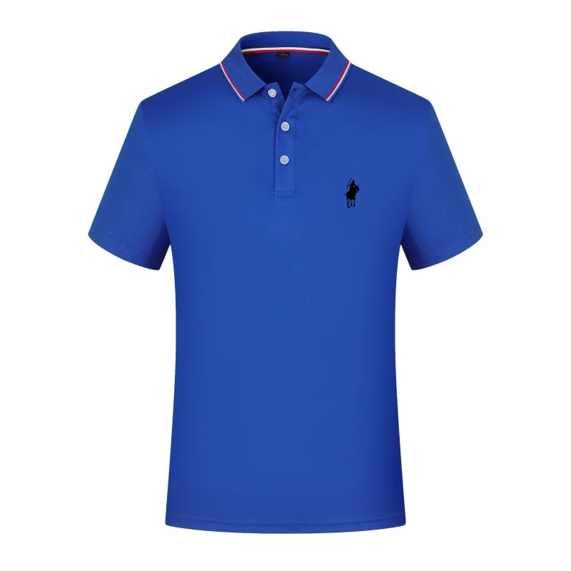 Herren Kurzarm-Poloshirt mit Emblem auf der linken Brust, mehrfarbigem Kragenbesatz, dreiknopfiger Knopfleiste, lässiges Business-Sommer-Oberteil T-Shirt – Detail 11