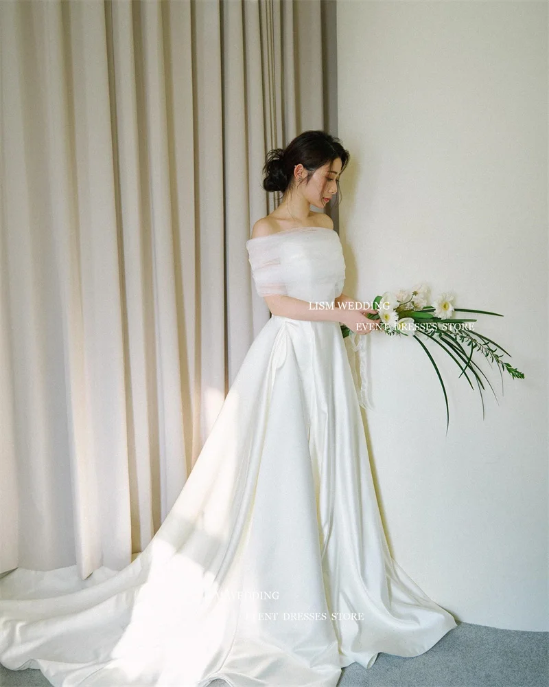 LISM-Robe de Mariée Trapèze en Satin Sans Bretelles avec Veste Plissée, Vêtement Simple, Style Coréen, pour Séance Photo, pour Patients, quel que soit le Corset au Dos