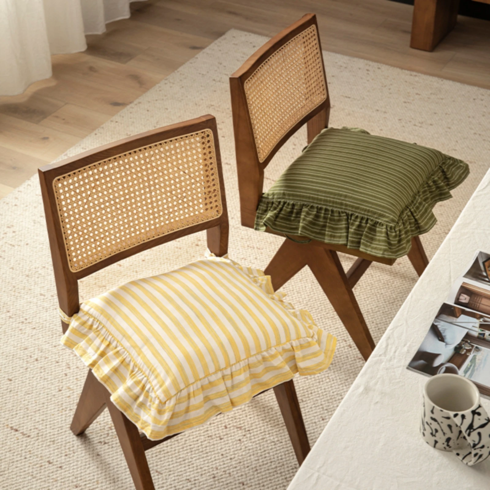 Chair Cushion with Ties Cotton Ruffled Chair Cushion Seat Cover Vintage-Style Striped for Dining Chairs