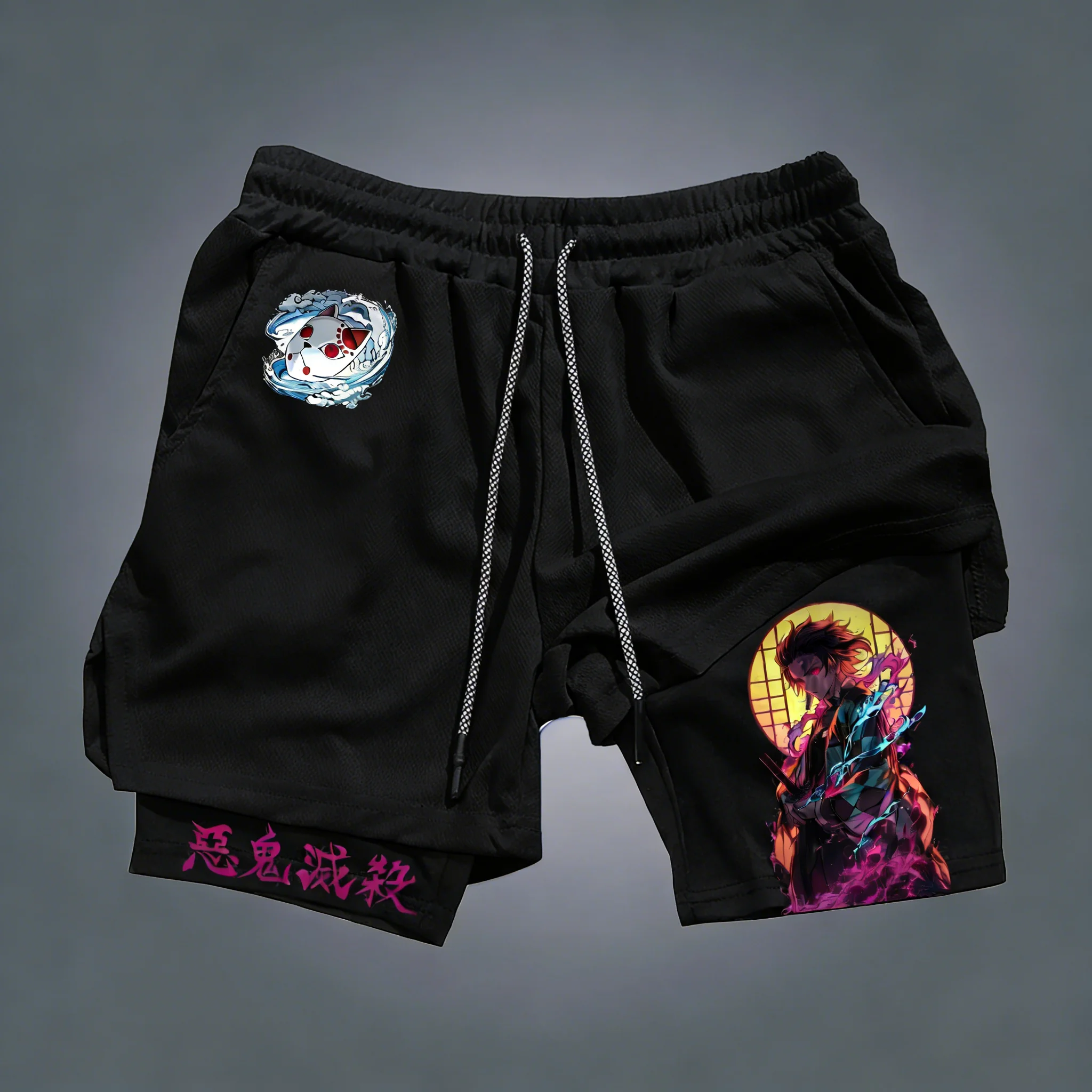 

Demon Slayer Anime Tanjiro Printed 2-in-1 Shorts 2026 Unisex Summer New Sport Fitness Quick Drying Elastic Double Layer Shorts