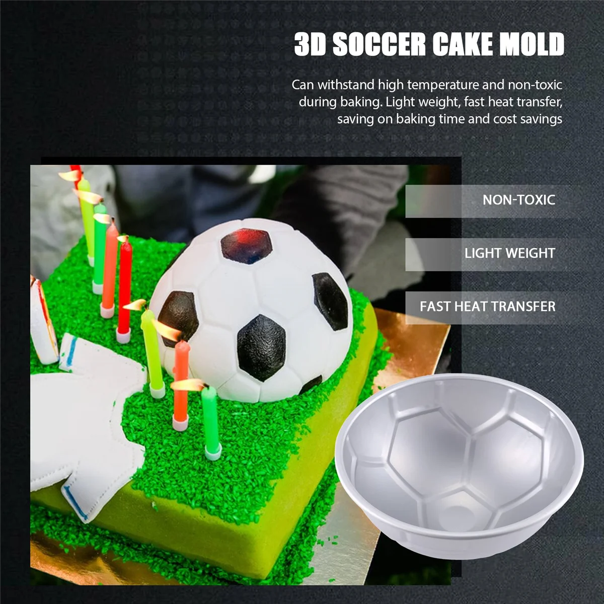 1 PCS 3D Half Round Ball Shaped Football Cake Mold 8 inch Thickening Aluminum Alloy Mould Birthday Baking Pan