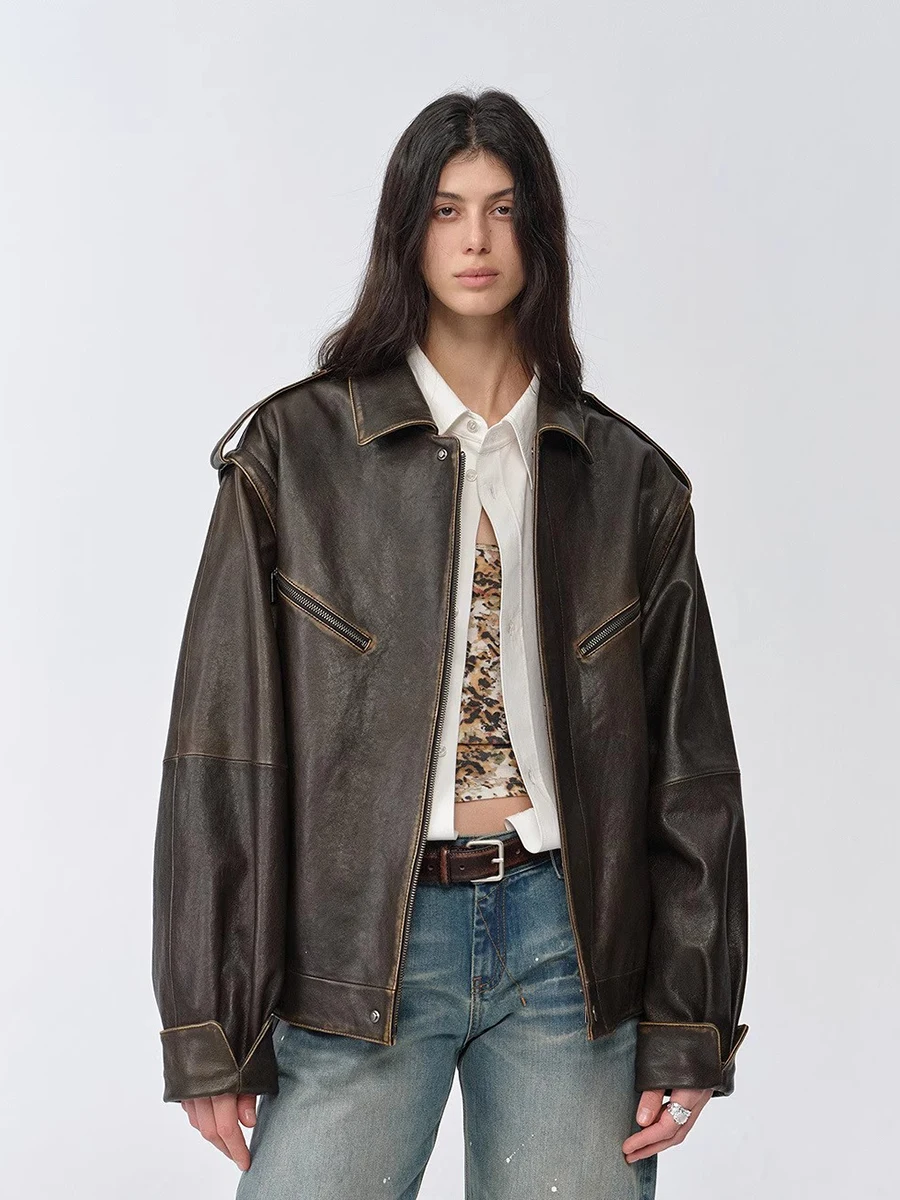 

Lautaro Spring Autumn Cool Washed Distressed Brown Leather Jacket Women with Detachable Sleeves Zippper American Retro Clothing