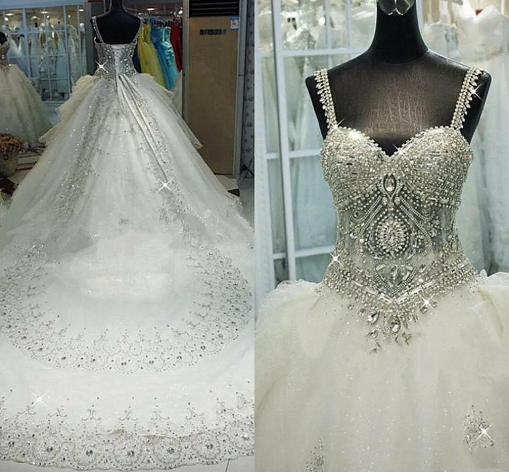 Customized Bling Rhinestone Crystals Wedding Dress 2025 Arabic Dubai A Line Spaghetti Sweep Train Bridal Gowns Vestido De Noiva