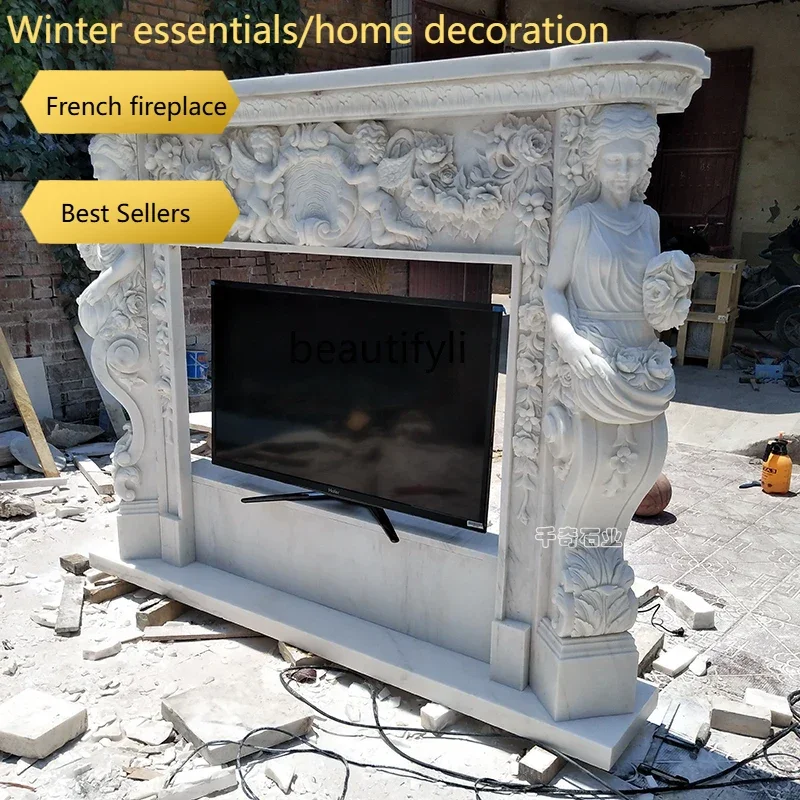 A95 European fireplace TV cabinet marble mantel stone carving carved TV cabinet stone