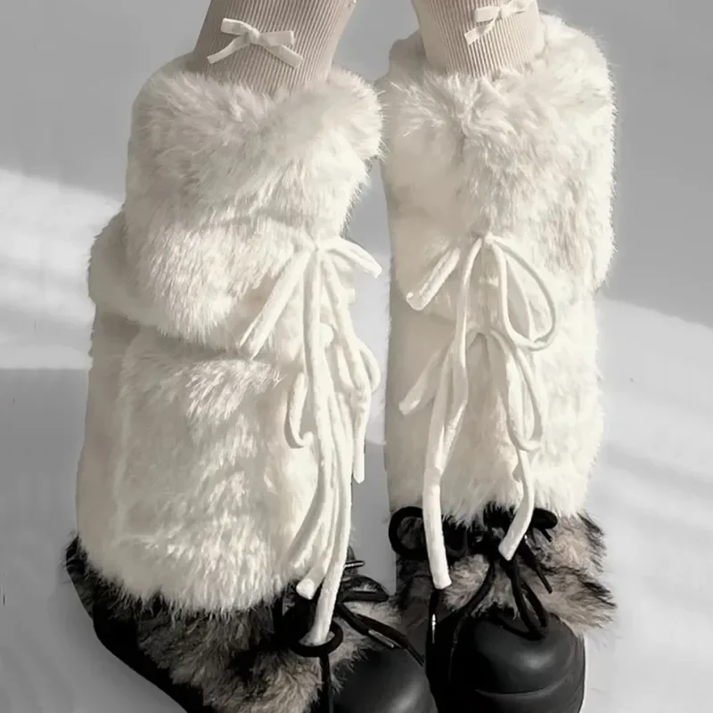 

White Girls Plush Waem Leg Covers y2K Subculture Ribbion Bow Ties Lolita Mid-calf Furry Leg Warmers 2025 Fall/Winter