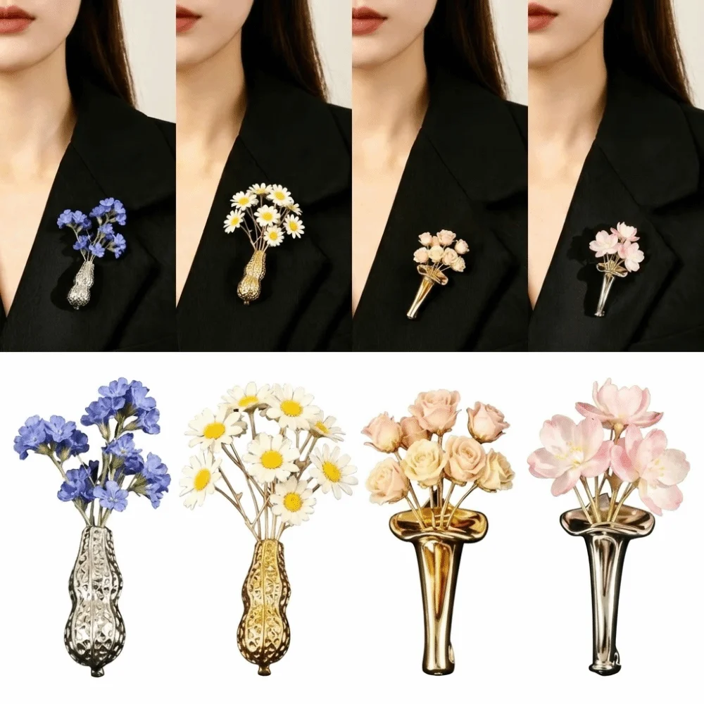 Vintage Hollow Design Vase Brooch Creative Dried Flower Holder Lapel Pin Vase Shape Flower-Insertable Brooch Suit Decor