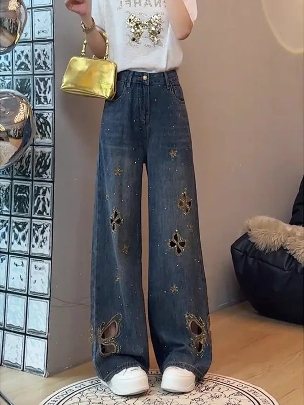 plus Size Hollow out Embroidered Denim Jeans High Waist Loose Fit Summer Thin Long Pants Women's Casual Wide Leg Trousers