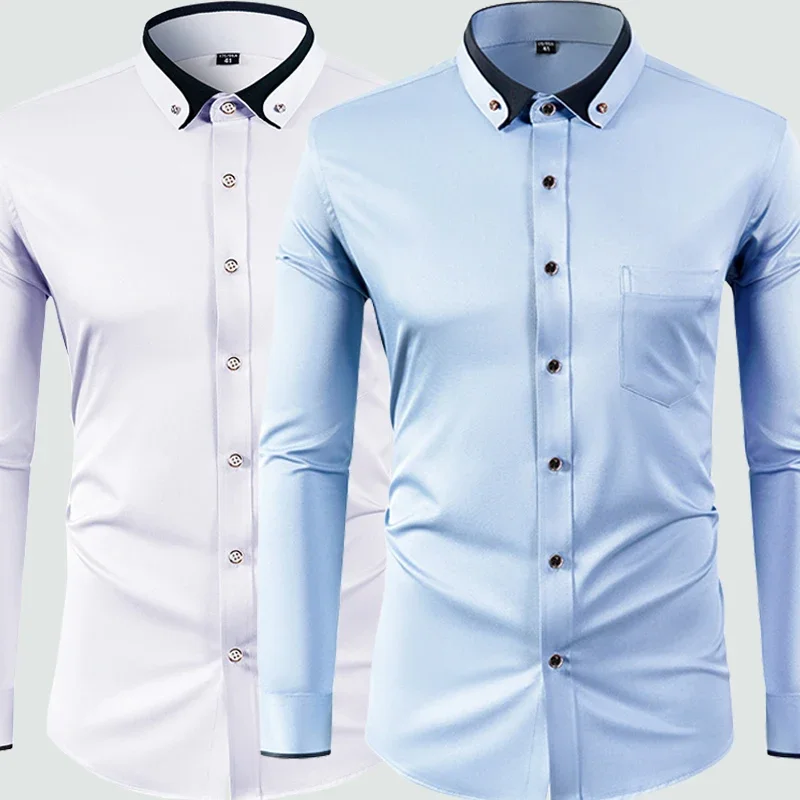 Four-sided elastic men's blue shirt long-sleeved lapel crystal buckle business casual tooling high-end trendy temperament shirt