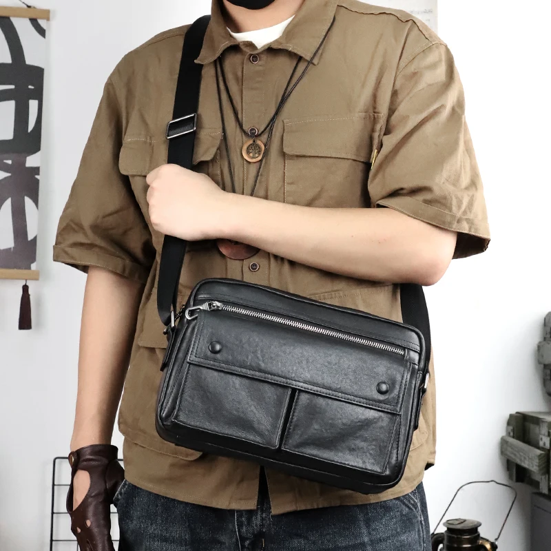 Casual Men's Genuine Leather Shoulder Bag Horizontal Messenger Crossbody Bags For Male Classic Flap 10 Inch iPad