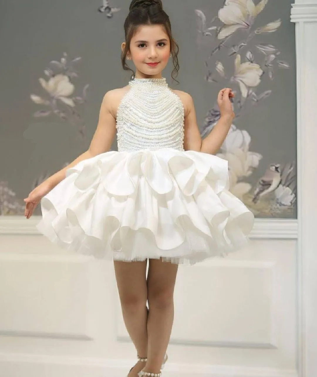 BABYONLINE Luxury Flower Girl Dress Halter Sparking Pearl Stones Fluffy Skirt Princess Ball Gown Wedding MiniBridesmaid Party