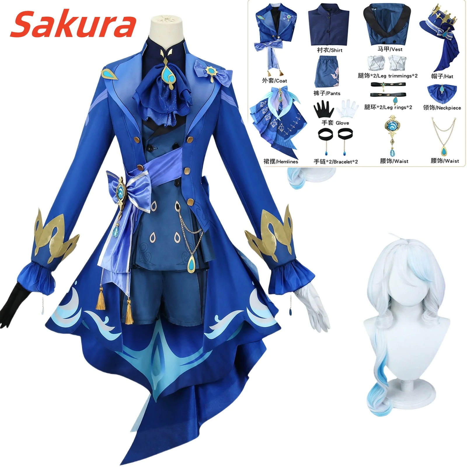 

Костюм для косплея Furina, парик для волос Impact Fontaine Focalors со шляпой, черные костюмы, обувь для косплея на высоком каблуке для женщин, наряды