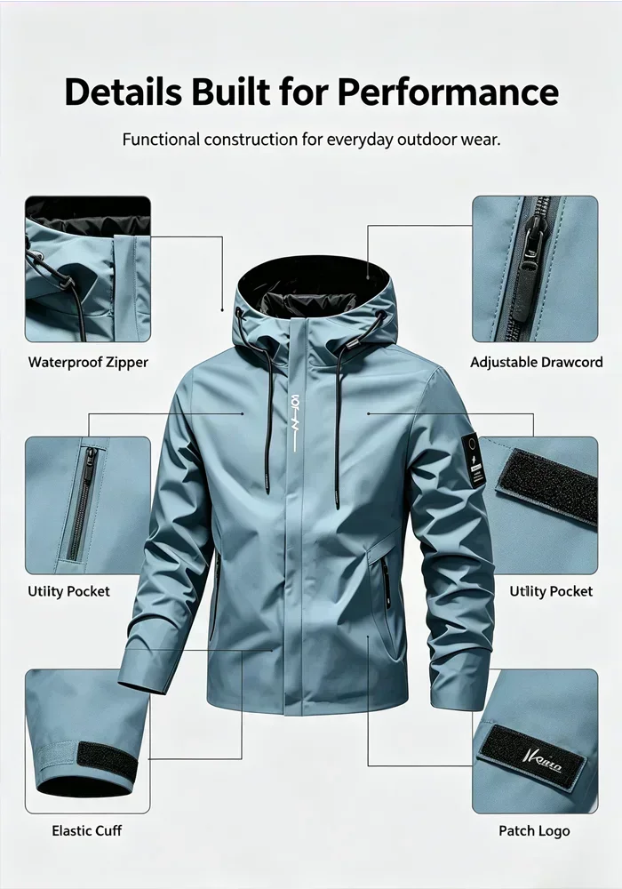 2026 Herren Wasserdichte Regenjacke mit Kapuze Leichte Fahrradjacke Street-Style Wandern Winddicht Outdoor Freizeit – Detail 7