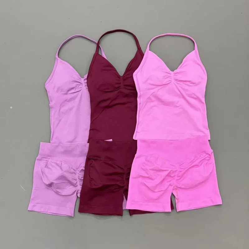 2Pcs HISTELLO Yoga Set Women Halter Tank Top Scrunch Butt Lifting Shorts Ruched Anti Chafe Quick Dry Gym Workout Sports Set