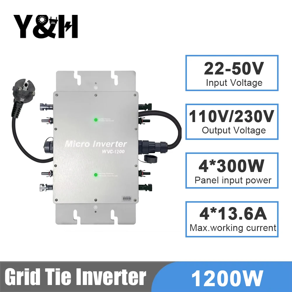 Y&H 1200W Micro Grid Tie Inversor PV Entrada DC28-50V AC Saída 110/220V MPPT Inversor Solar com LCD à prova d'água IP65