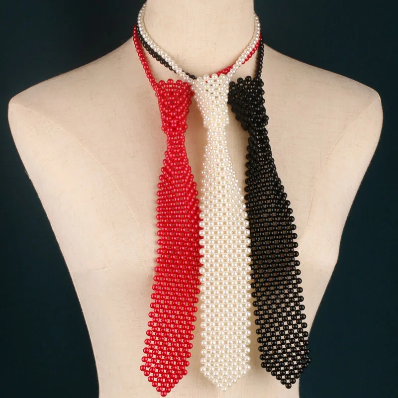 

3 Colors Available Beaded Faux Pearl Tie Necklace, Unique Design Bow Tie Decor, Versatile Stylish Accessory for Shirts