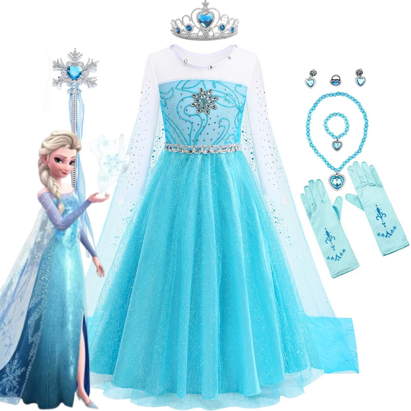 Disney Elsa Dress for Girls Snow Queen Costume Elsa Anna Dress Girl Cosplay Birthday Party Children Kids Carnival Frozen Costume