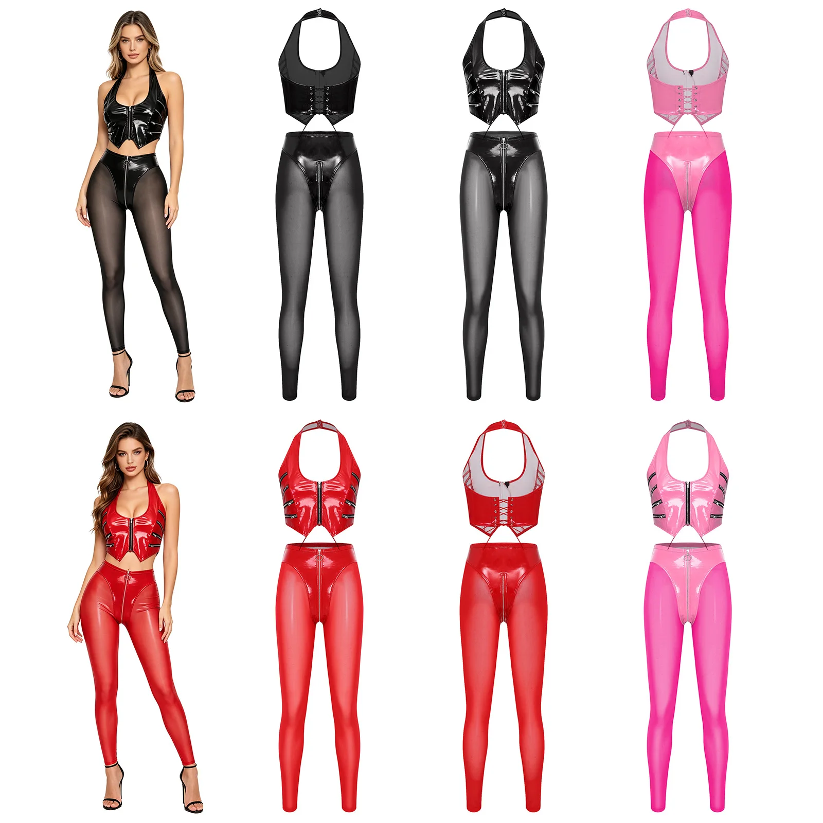 Womens Glossy PU Leather Latex Pants Set Rave Outfits Lace-up Halter Crop Top And Sheer Mesh Legs High Waist Leggings Clubwear