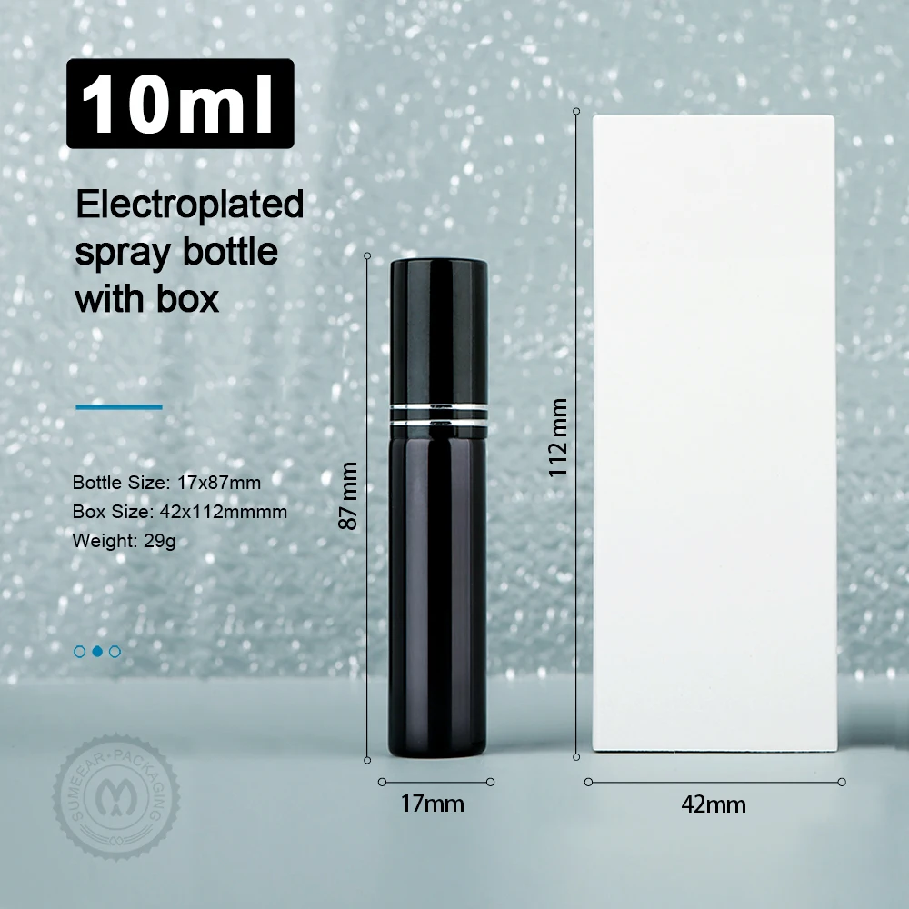 40/50 قطعة 10 مل زجاجات عطر زجاجية مطلية بالكهرباء زجاجات رذاذ مرطبة من النوع المضغوط، رذاذ ناعم متساويًا قابلة لإعادة الاستخدام مع صندوق