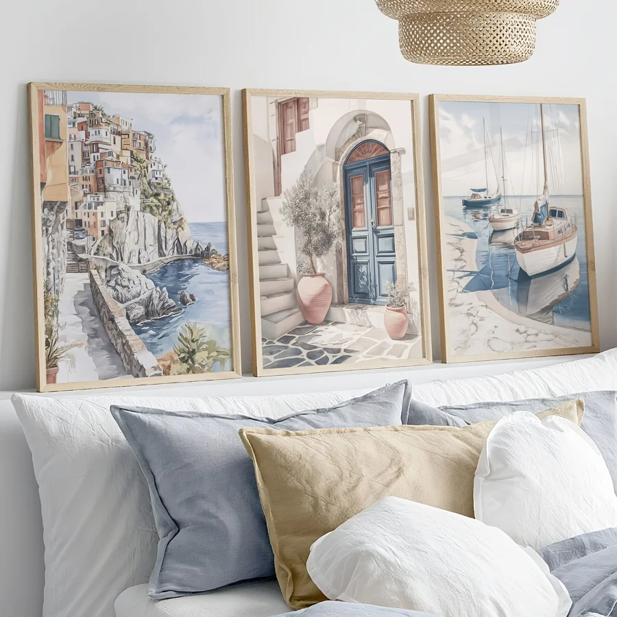 3PCS frameless decorative art print,Watercolor Mediterranean Coast Canvas Wall Art Italian Cinque Terre Blue Door Sailboat Print