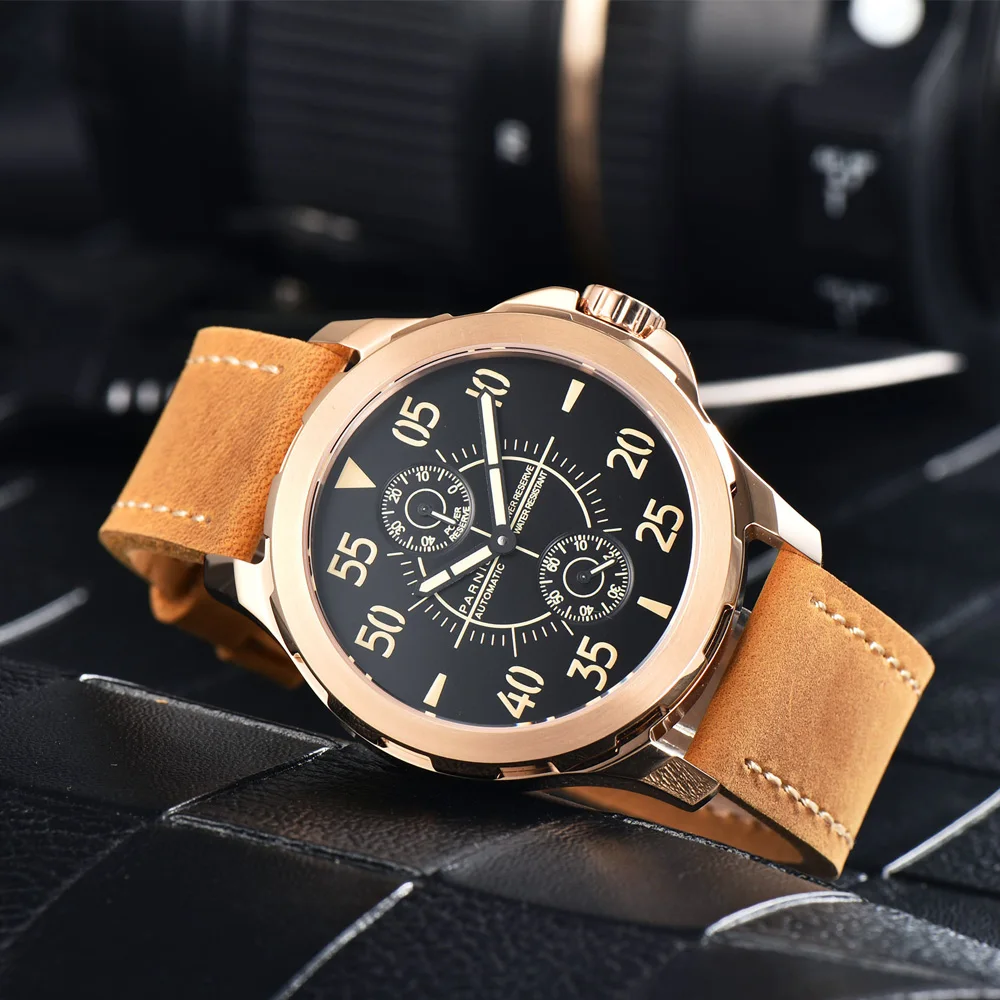 Fashion Parnis 44mm Rose Gold Case Automatic Men Watch Mechanical Power Reserve Sports Man Watches Luxury reloj para hombre 2023