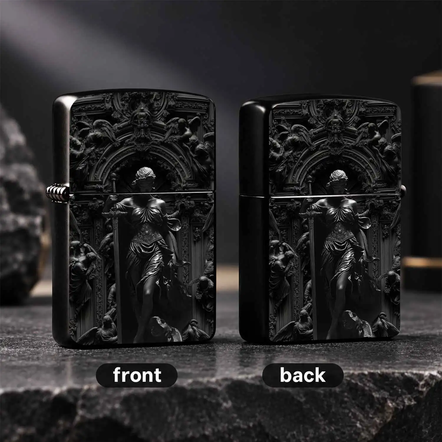 Dark Baroque Themed Blindfolded Justice Goddess Engraved Lighter, Exquisite Retro Relief Art Craft, Portable Stylish Daily Use Accessory, Ideal Unique Gift For And All Scenarios, Chic Decorative Practical Item With Stunning Visual Texture A