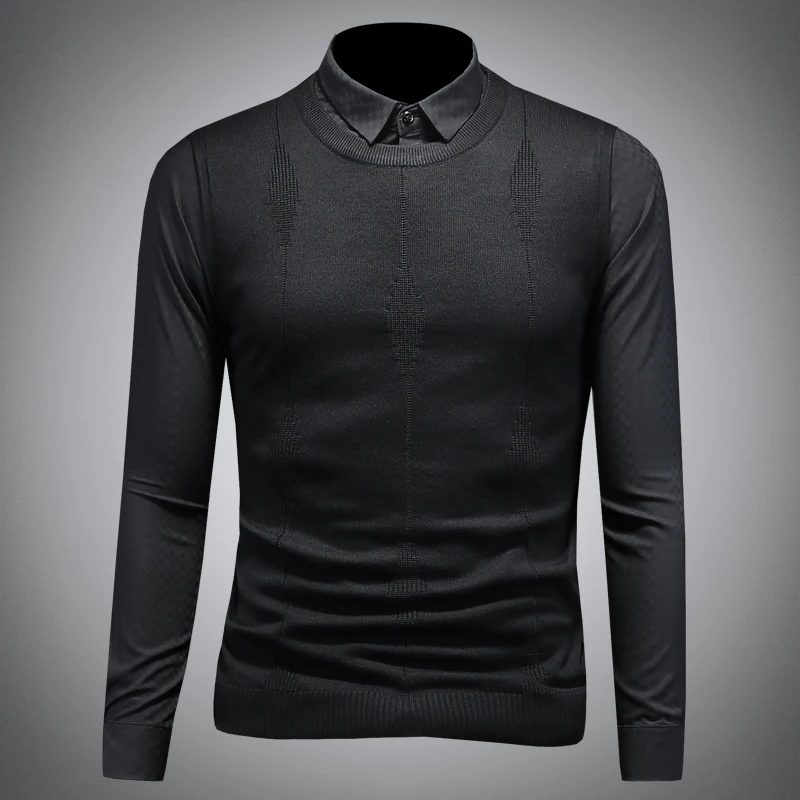 

Мужской модный городской свитер с воротником-стойкой, весна-осень, повседневный, приталенный, трикотажный, с длинным рукавом, базовый слой, однотонный