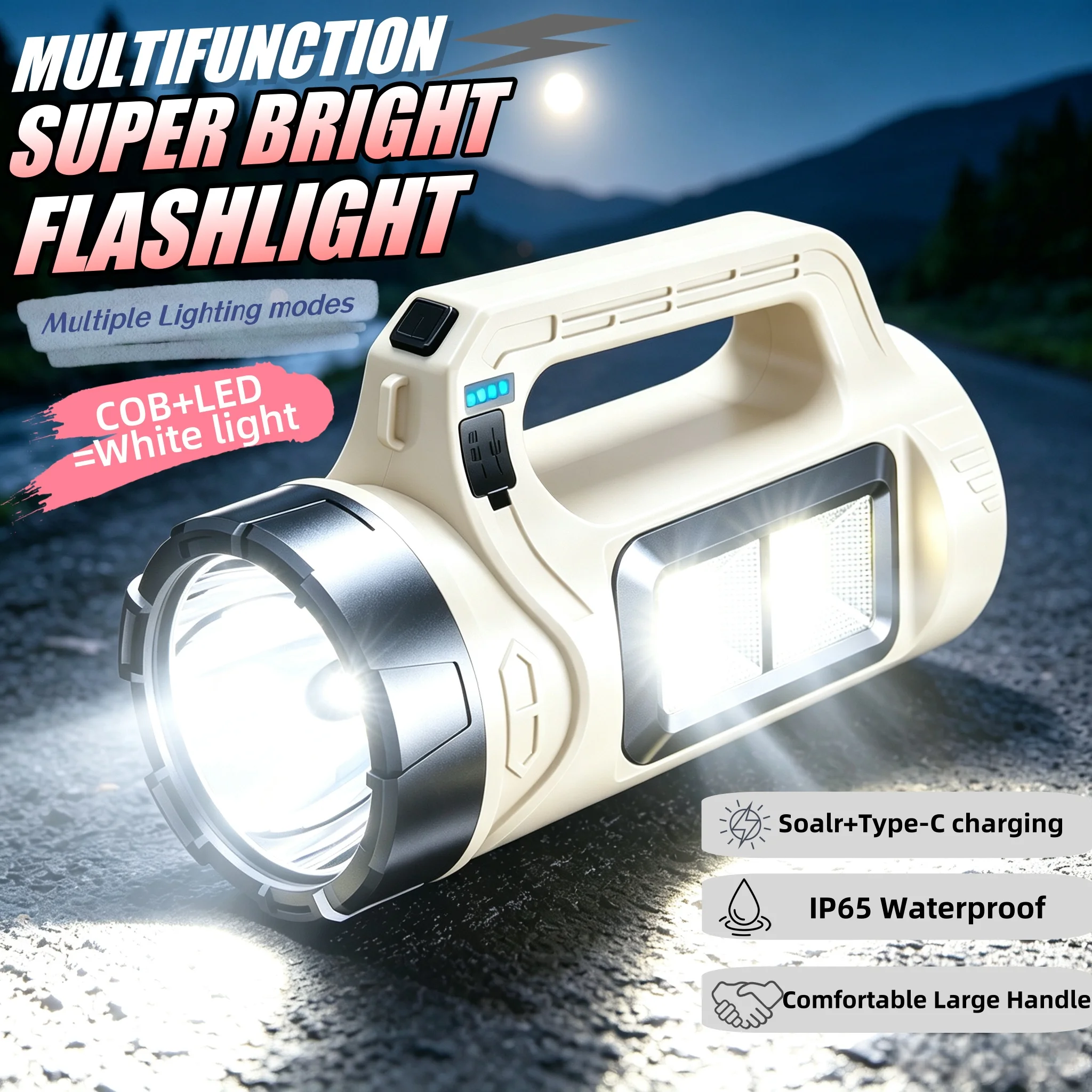 Solar Charging Super Bright Searchlight COB Side Light Waterproof Handheld Flashlight Portable Torch for Camping Hiking Emergenc