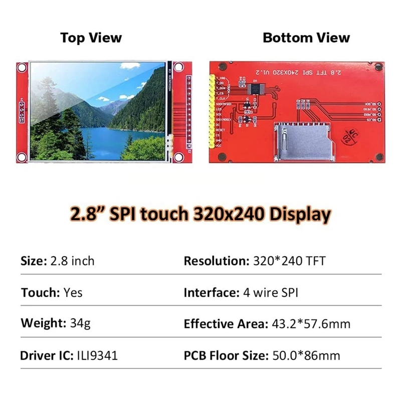 SPI TFT LCD وحدة العرض ، المنفذ التسلسلي ، المنفذ التسلسلي ، 51 محرك الأقراص ، ILI9341V ، 240x320 ، 2.8 "، 2 قطعة